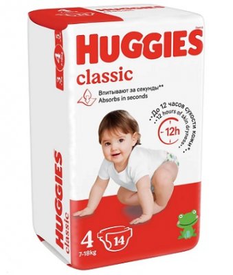 Купить huggies (хаггис) подгузники классик 4 7-18кг 14шт в Городце
