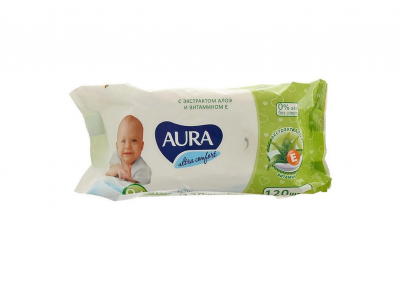 Купить aura (аура) салфетки влажные детские ультра комфорт алоэ и витаминин е 100 шт в Городце