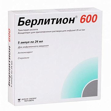 Берлитион 600, концентрат для приготовления раствора для инфузий 25мг/мл, ампулы 24мл, 5 шт