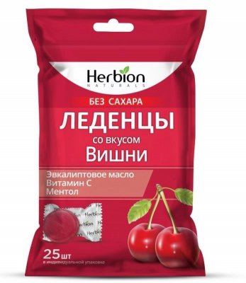 Купить herbion (хербион) с эвкалиптовым маслом, витамином с и ментолом со вкусом вишни без сахара, леденцы массой 2,5г 25 шт бад в Городце