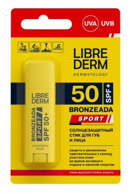 Купить librederm bronzeada sport (либридерм) стик солнцезащитный для губ и лица spf 50+, 4,8г в Городце