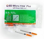 Купить шприц bd микро-файн плюс инсулиновый 100 ме/0,5 мл с интегрированной иглой 29g 0,33х12,7мм 10шт в Городце