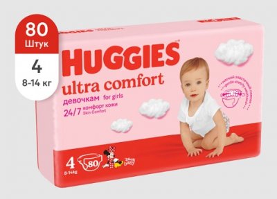 Купить huggies (хаггис) подгузники ультра комфорт для девочек 8-14кг 80шт в Городце