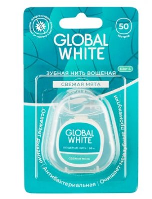 Купить глобал вайт (global white) зубная нить со вкусом свежей мяты с хлоргексидином, 50м в Городце