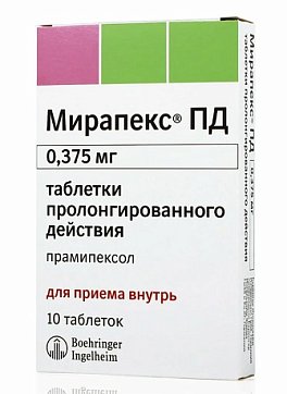 Мирапекс ПД, таблетки пролонгированного действия 0,375мг, 10 шт